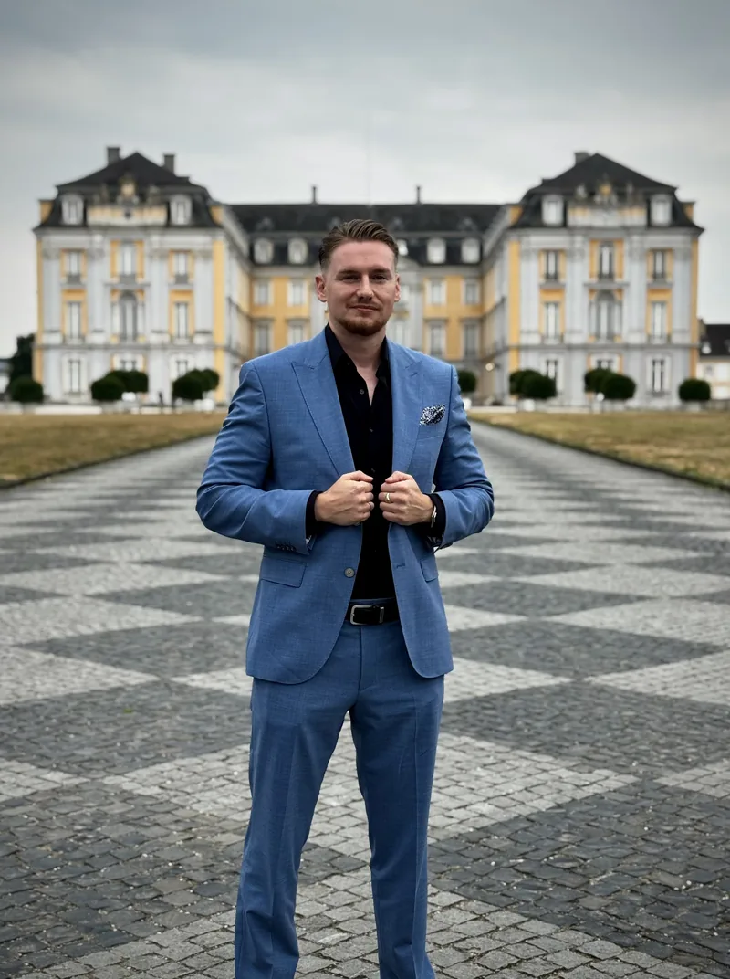 Lothar Niederstein im blauen Anzug vor einem Schloss